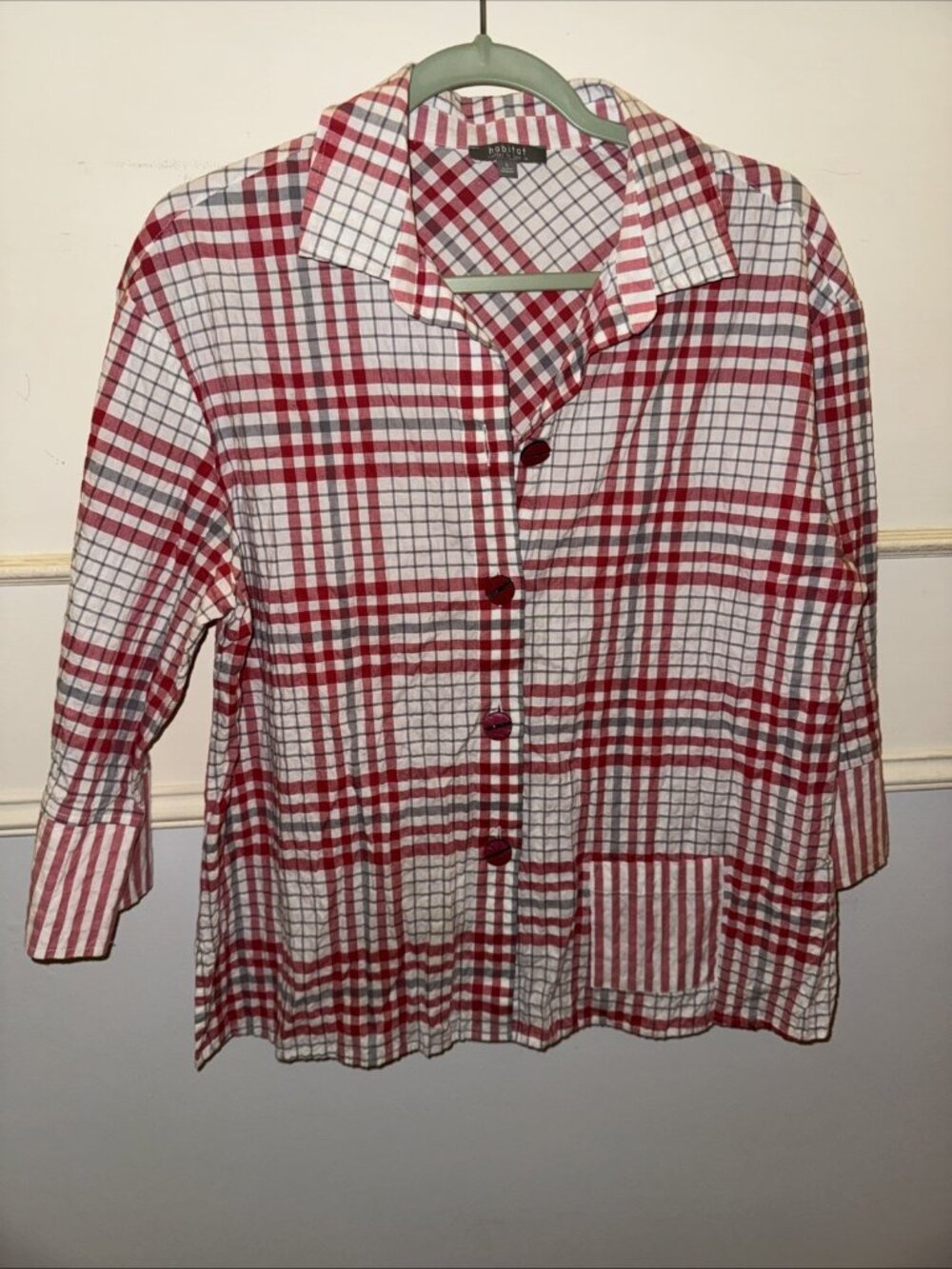 Habitat Shirt Red White Check Plaid Size S 3/4 Sleeved Art to Wear Lagenlook